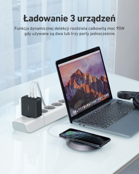 Szybka ładowarka sieciowa trójportowa Aukey PA-B6S Omnia Mix3 90 W Szybka ładowarka sieciowa trójportowa Aukey PA-B6S Omnia Mix3 90 W