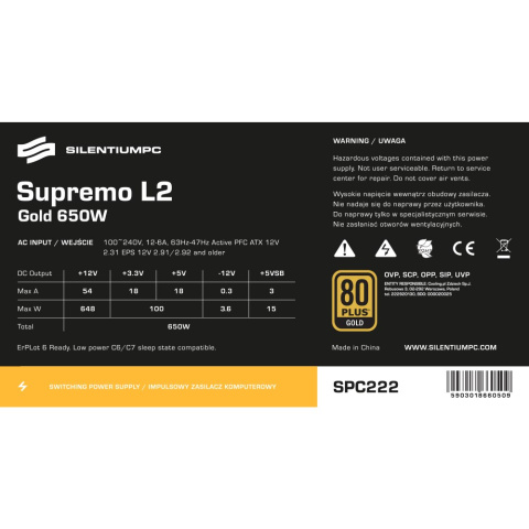Zasilacz SilentiumPC Supremo L2 Gold 650W (SPC222) Zasilacz SilentiumPC Supremo L2 Gold 650W (SPC222)